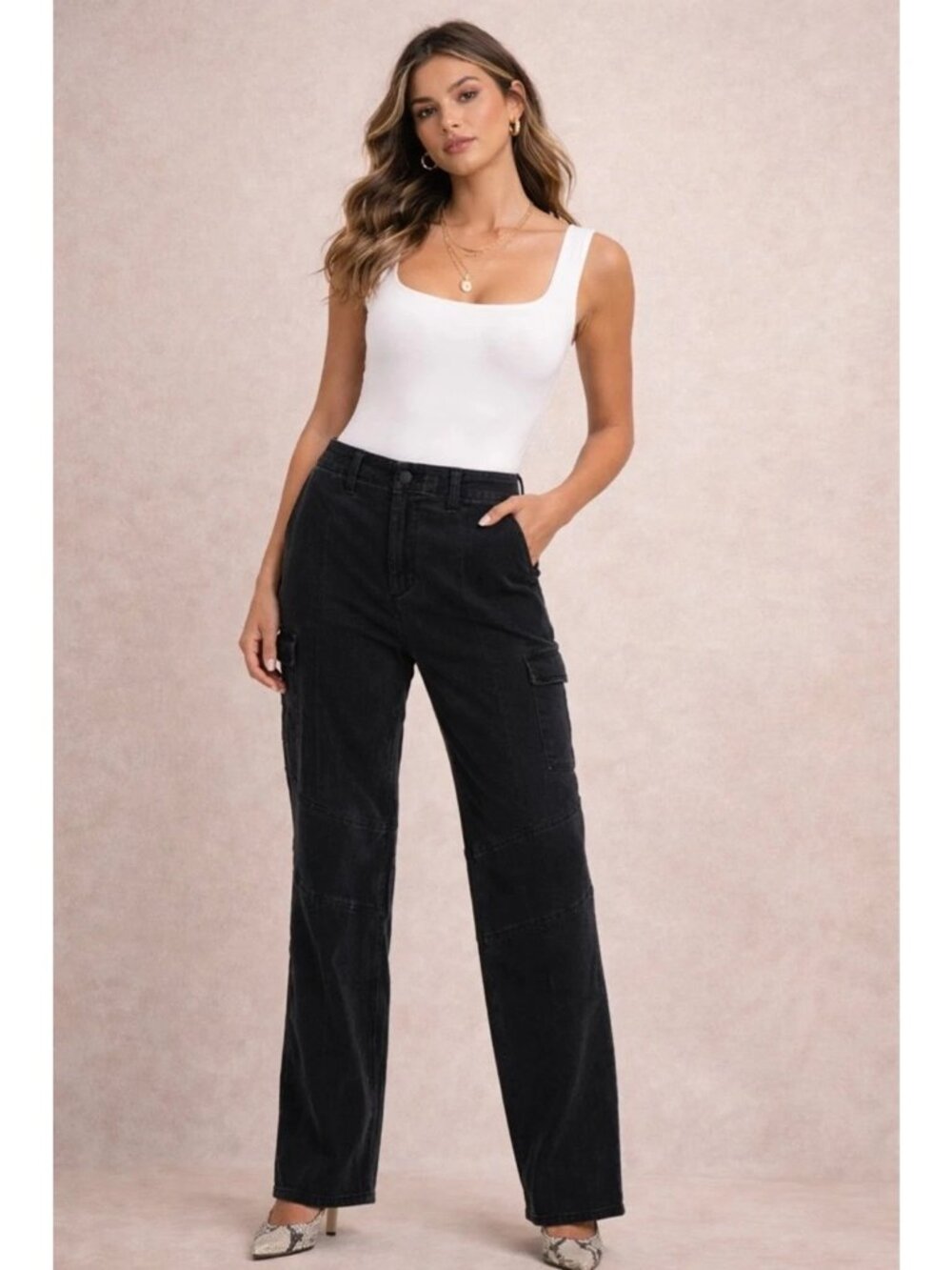 L’AGENCE Size 31 Black Brooklyn High Rise Utility Wide Leg Cargo Jeans NEW